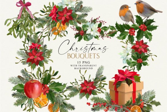 A Collection of Christmas Floral Bouquets PNG for Digital Crafting