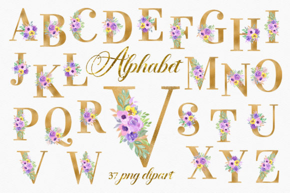The Elegant World of Gold Violet Floral Alphabet Numbers